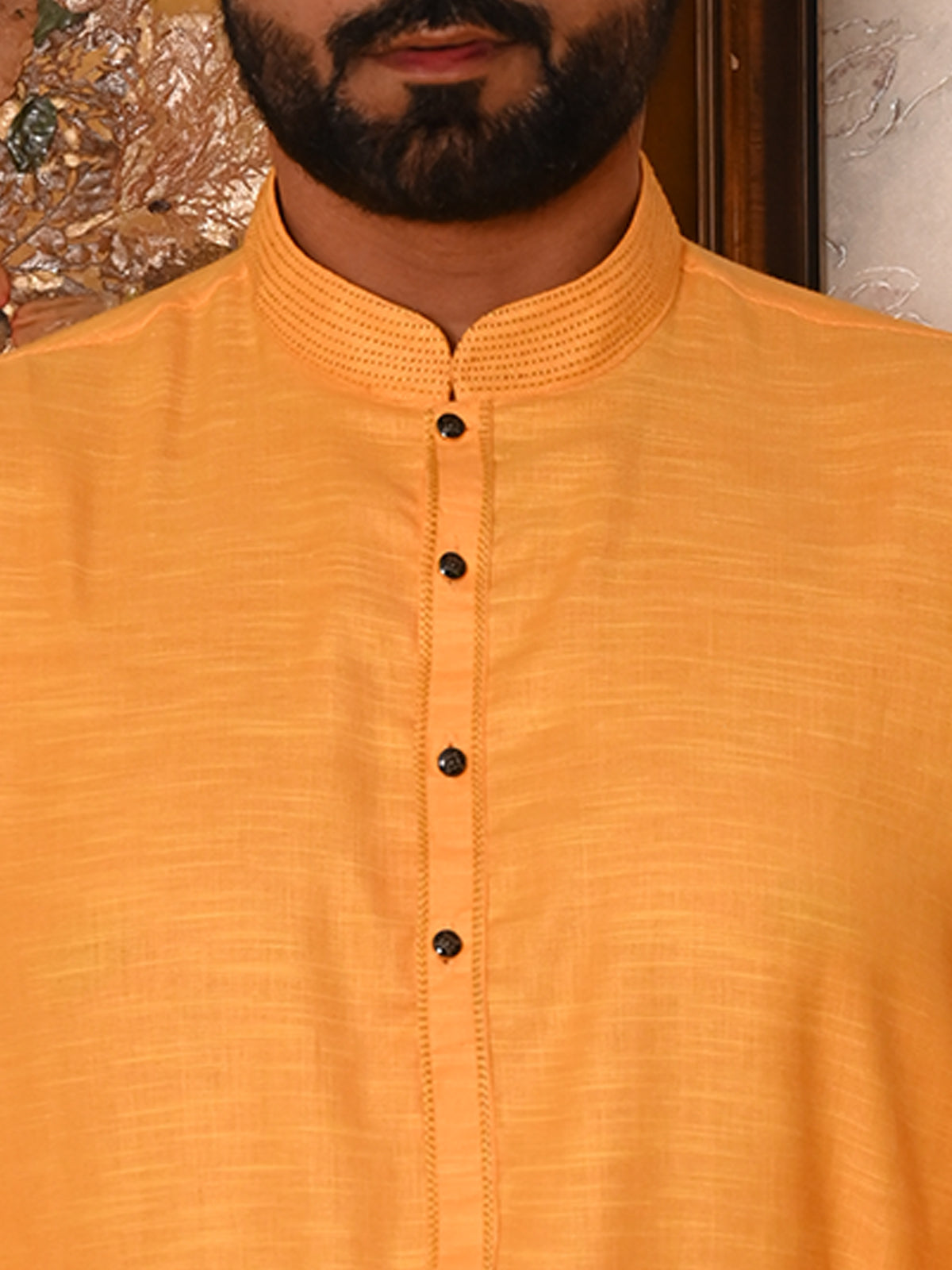 Odette Yellow Woven Cotton Polyester Kurta Set For Men