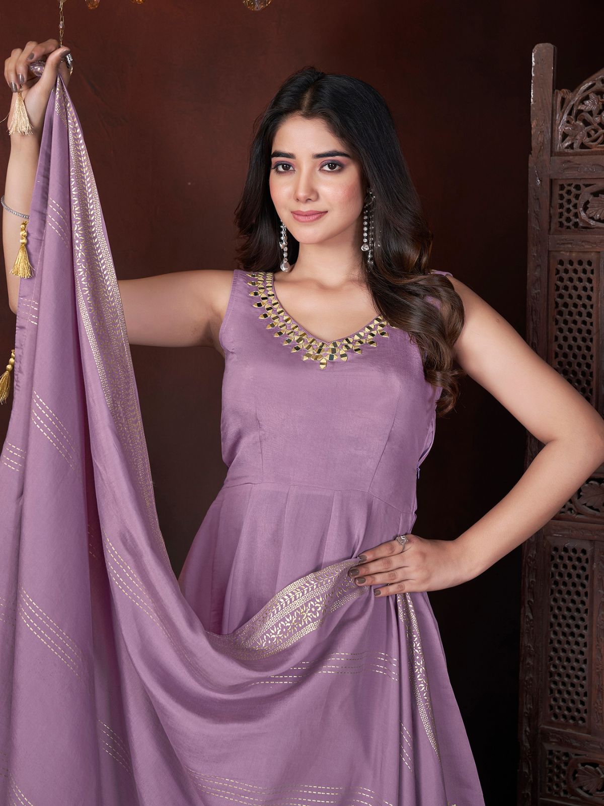 Odette Lavender Silk Blend Woven Stitched Kurta Set For Women