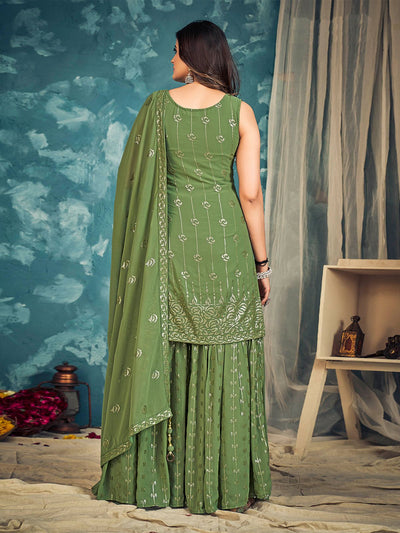 Odette Green Georgette Embellished Stitched Salwar Suit Set For Women