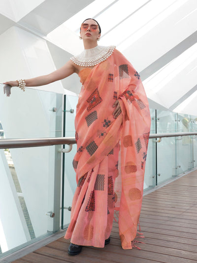 Odette Peach Tissue Printed Saree With Unstitched Blouse For Women