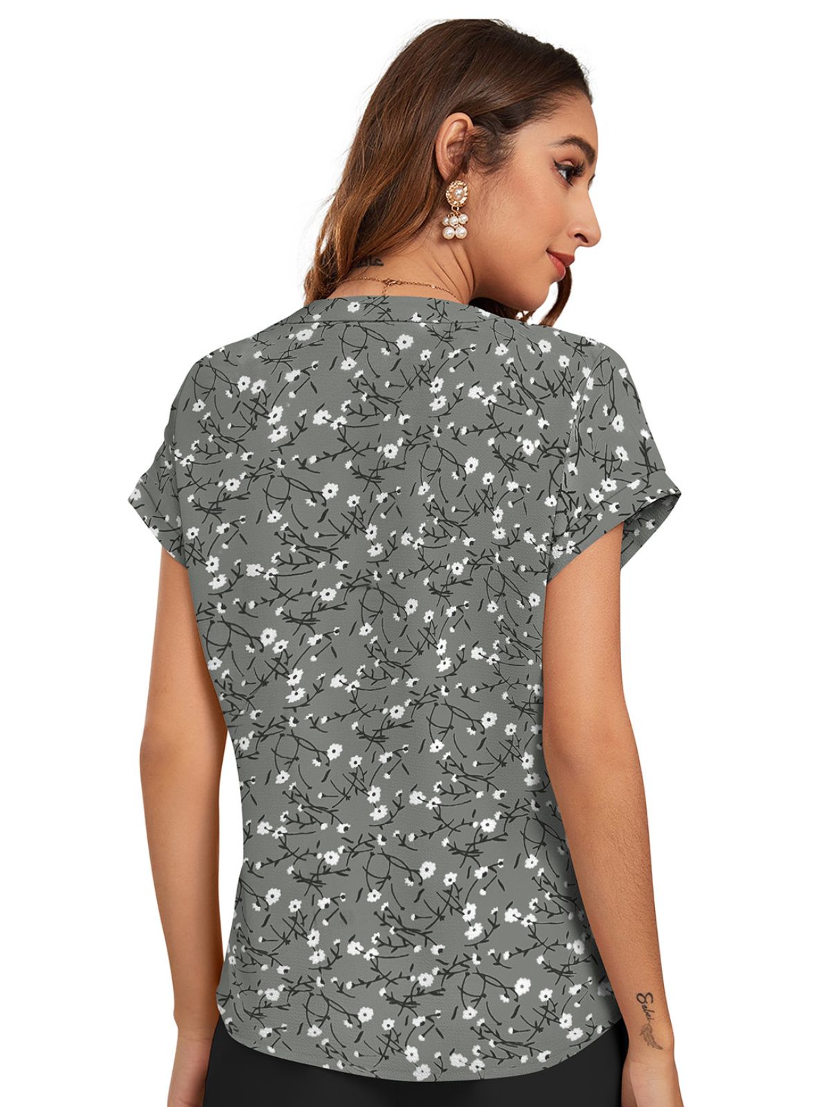 Odette Grey Cotton Blend Printed Top For Women