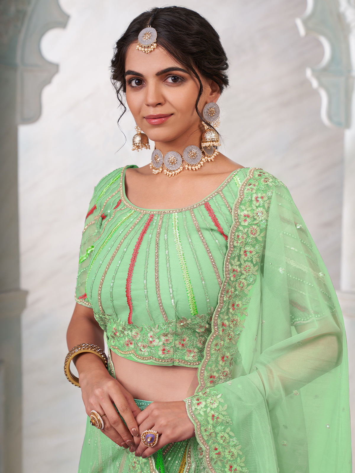 Odette Green Net Embroidered Semi Stitched Lehenga With Unstitched Blouse for Women