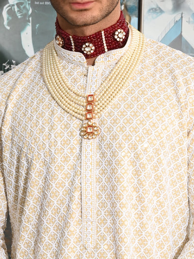 Odette Beige Embroidered Cotton Kurta Set For Men