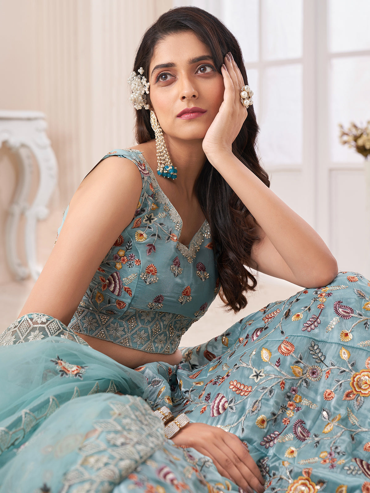 Odette Blue Organza Blend Embroidered Semi Stitched Lehenga With Unstitched Blouse for Women