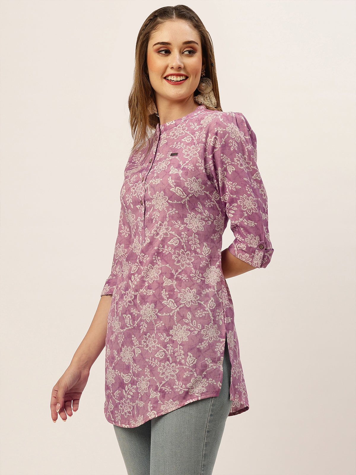 Odette Pink Printed Rayon Stitched Short Kurta For Women