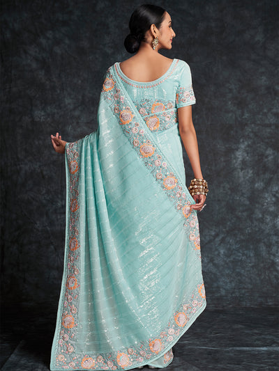 Odette Sea Green Embroidered Georgette Saree With Unstitched Blouse For Women