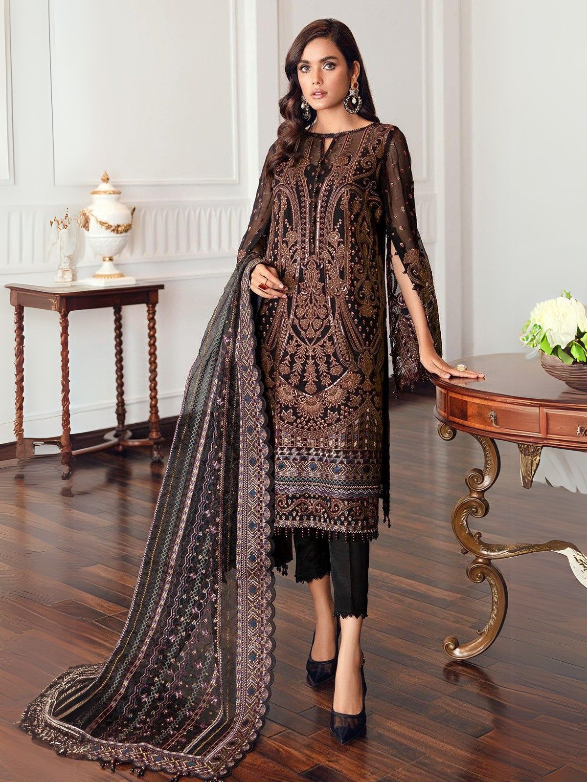 Odette Black Georgette Rose Gold Embroidered Semi-Stitched Kurta Set For Women