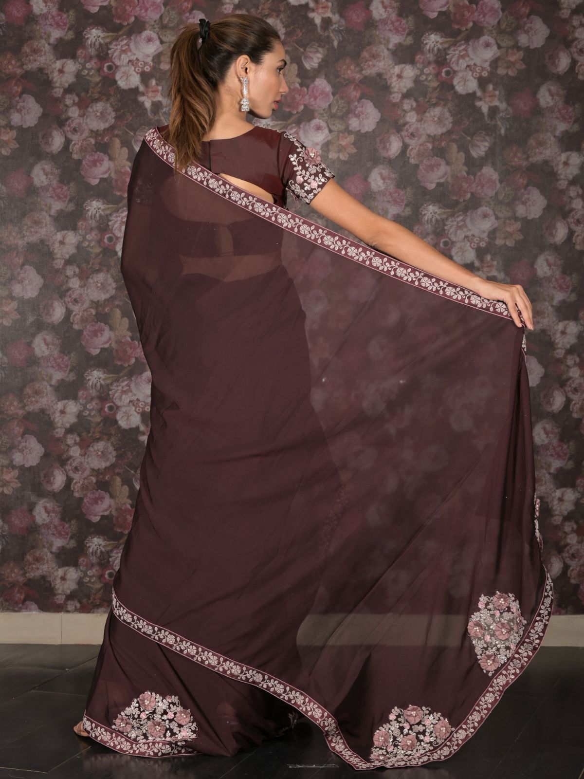 Odette Burgundy Georgette Embroidered Saree With Stitched Blouse For Women