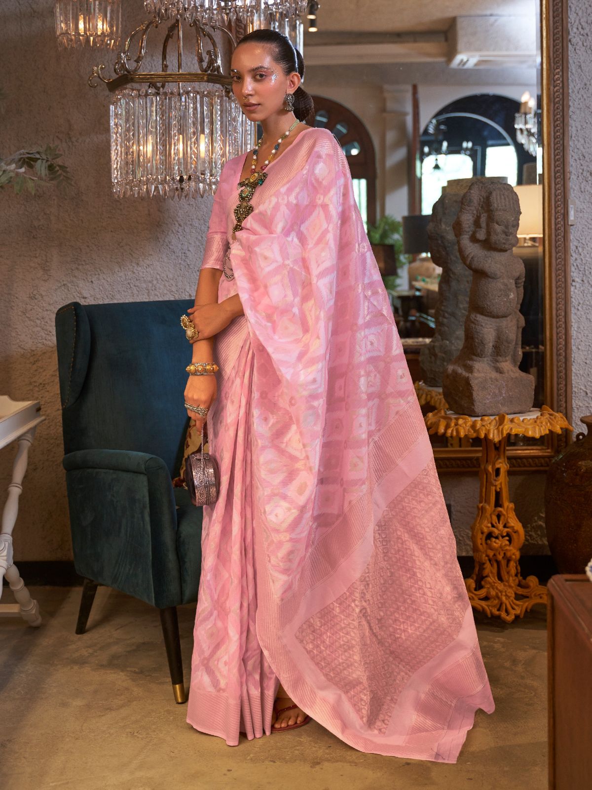 Odette Pink Linen Woven Saree With Unstitched Blouse for Women