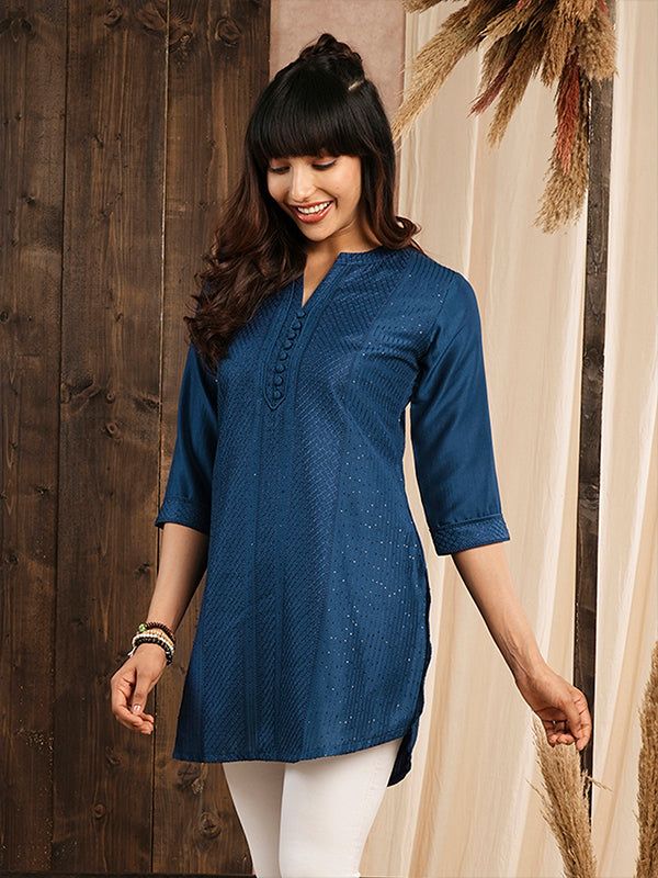 Odette Blue Embroidered Chanderi Silk Stitched Short Kurta For Women