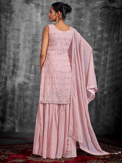 Odette Women Pink Embroidered Georgette Partywear Stitched Kurta Set