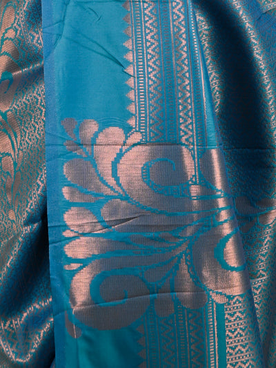 Teal Silk Blend Woven Saree With Unstitched Blouse