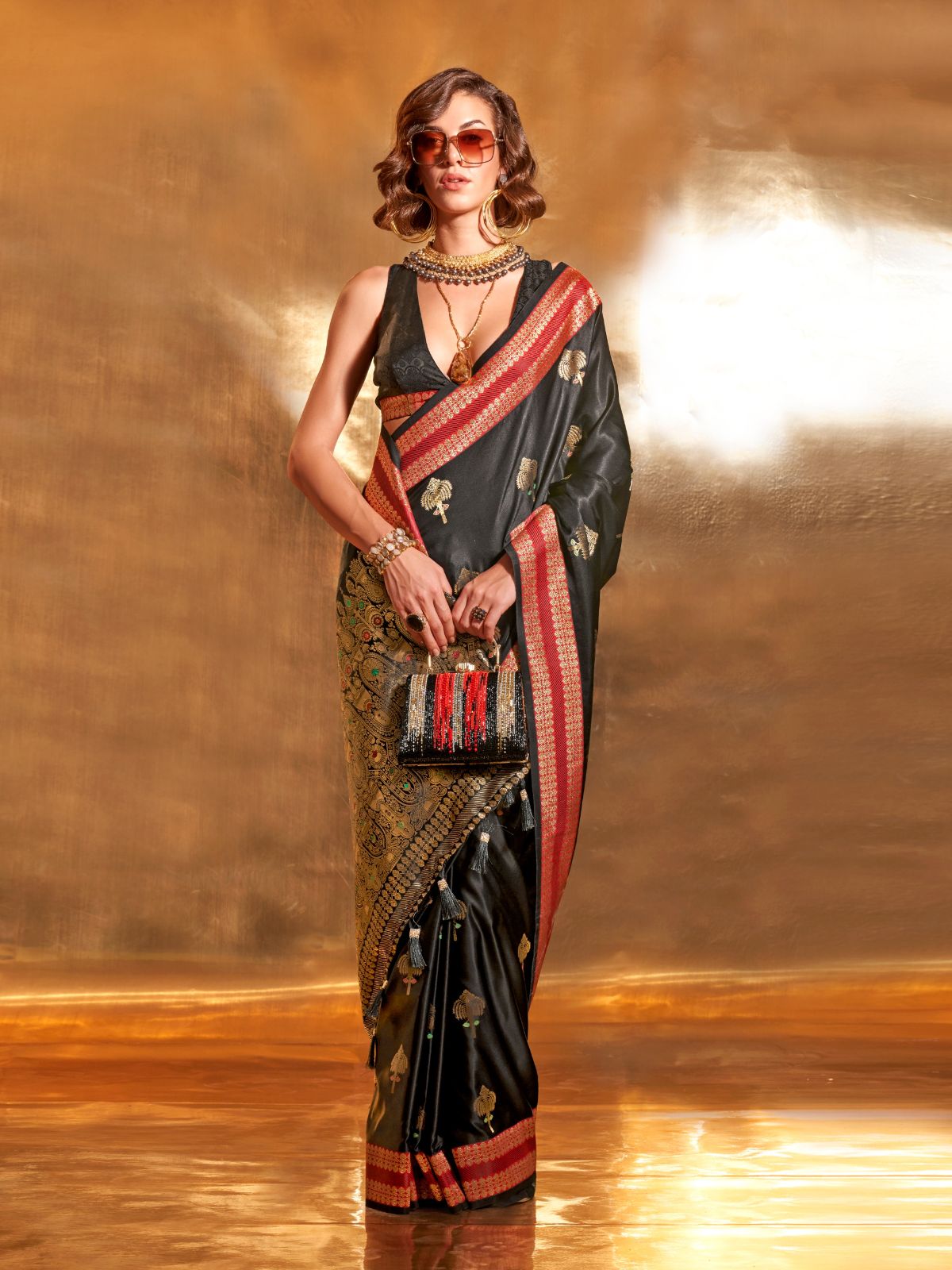 Odette Black Satin Woven Saree With Unstitched Blouse For Women