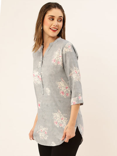 Odette Grey Printed Rayon Stitched Kurta For Women