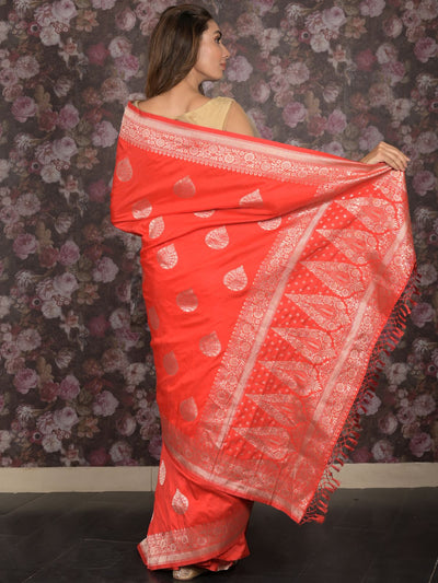 Odette Red Silk Blend Brocade Saree with Unstitched Blouse for Women