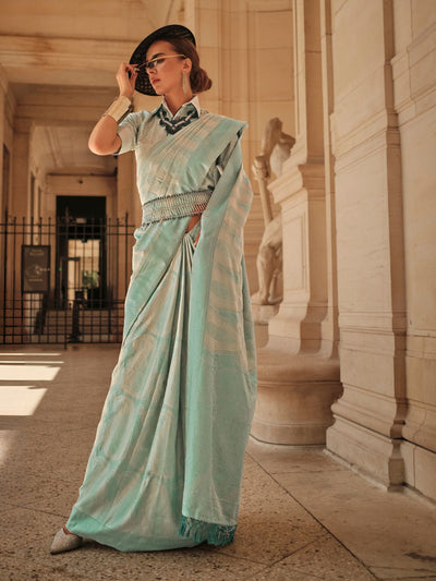 Odette Sea Green Silk Blend Woven Saree With Unstitched Blouse For Women