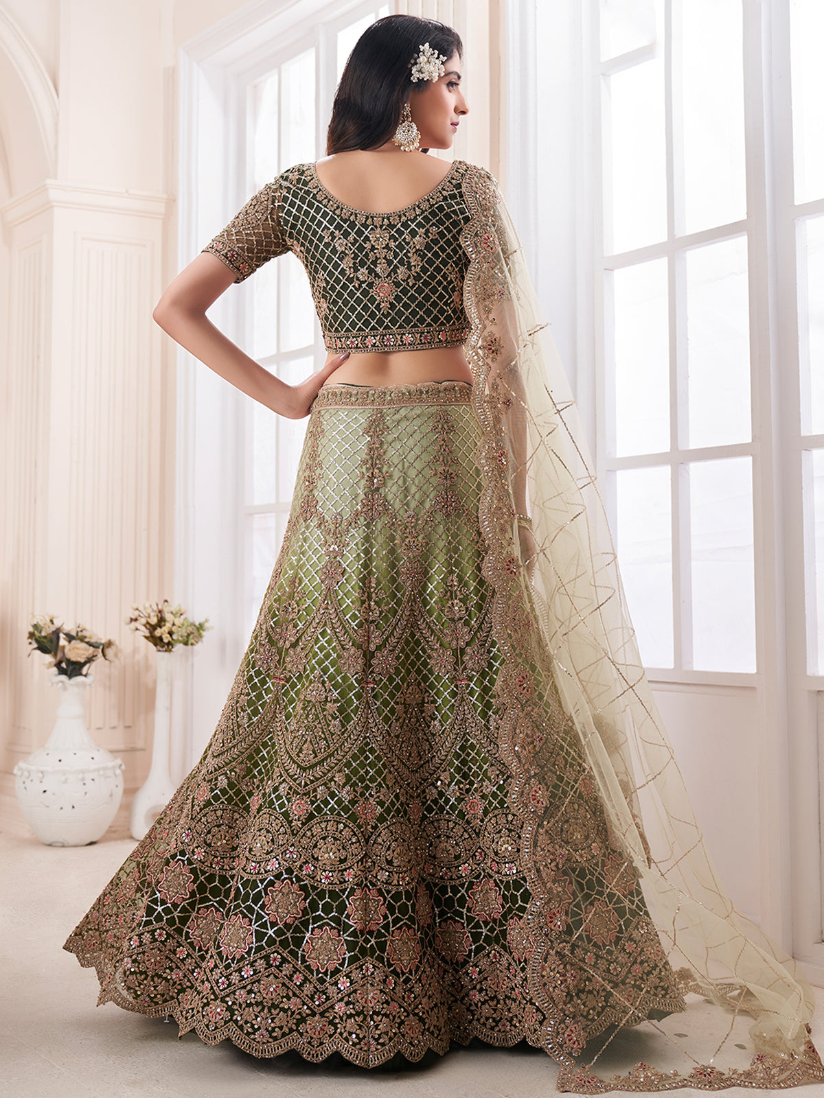 Odette Women Olive Embroidered Soft Net Semi Stitched Lehenga With Blouse Piece