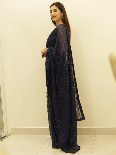 Odette Women Blue Women Designer Sequins Saree With Unstitched Blouse