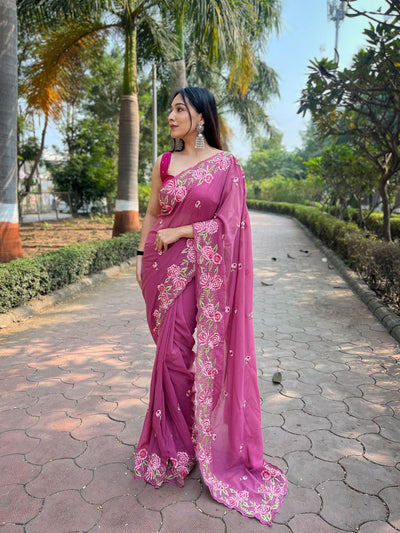 Odette Pink Organza Embroidered Saree With Unstitched Blouse For Women