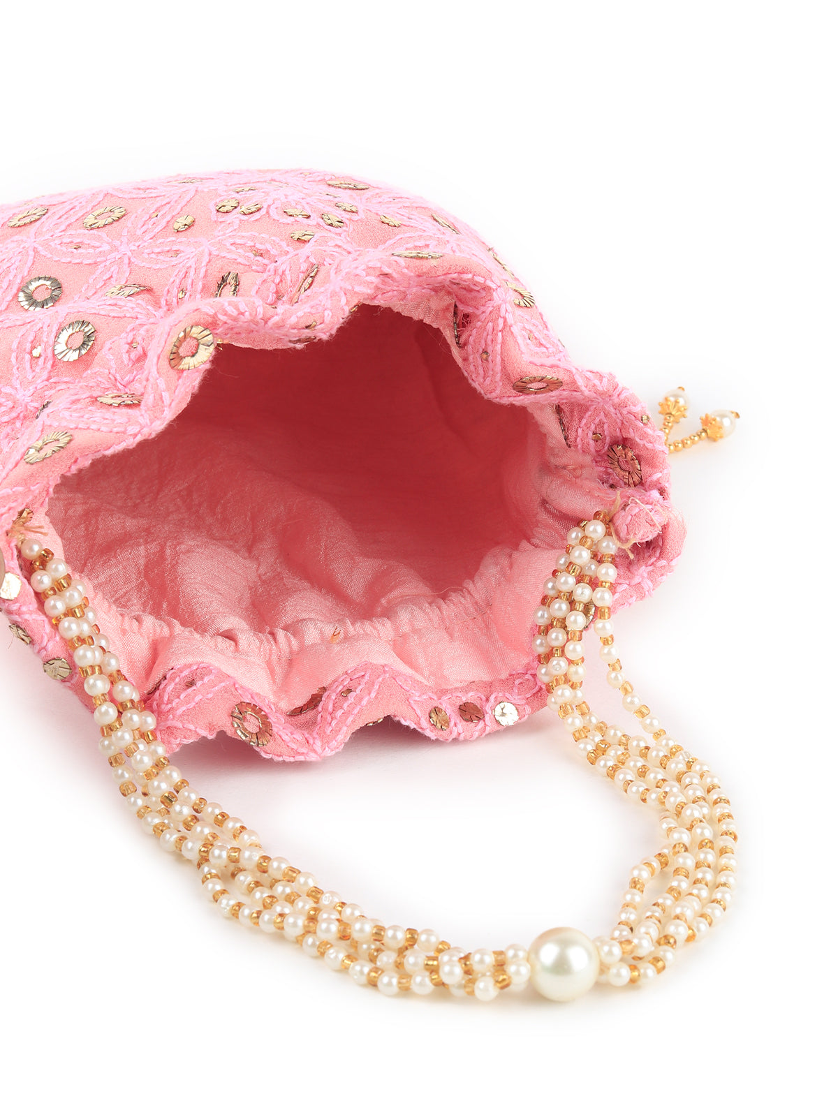 Odette Women Pink Lucknow Chikankari Embroidered Potli Bag