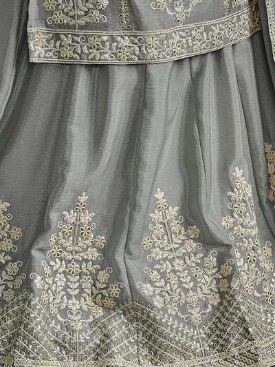 Odette Grey Chinon Embroidered Semi stitched Kurta Set For Women
