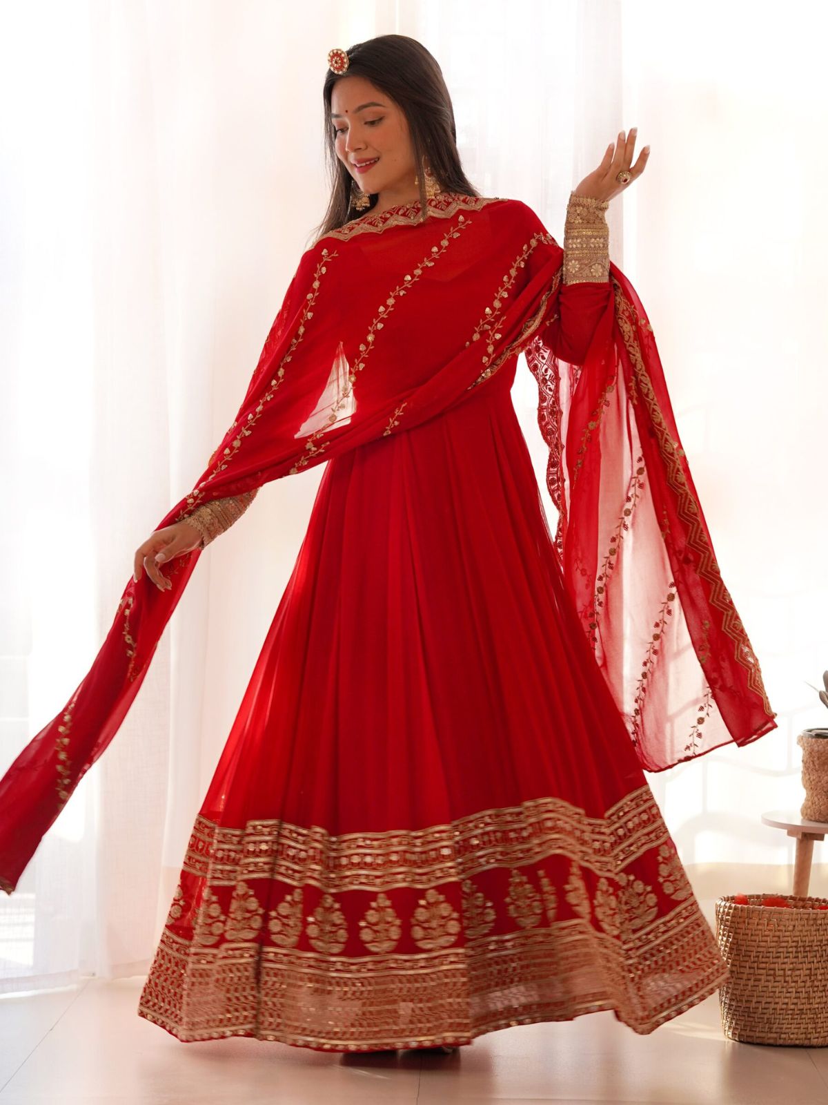 Odette Red Georgette Embroidered Stitched Gown For women