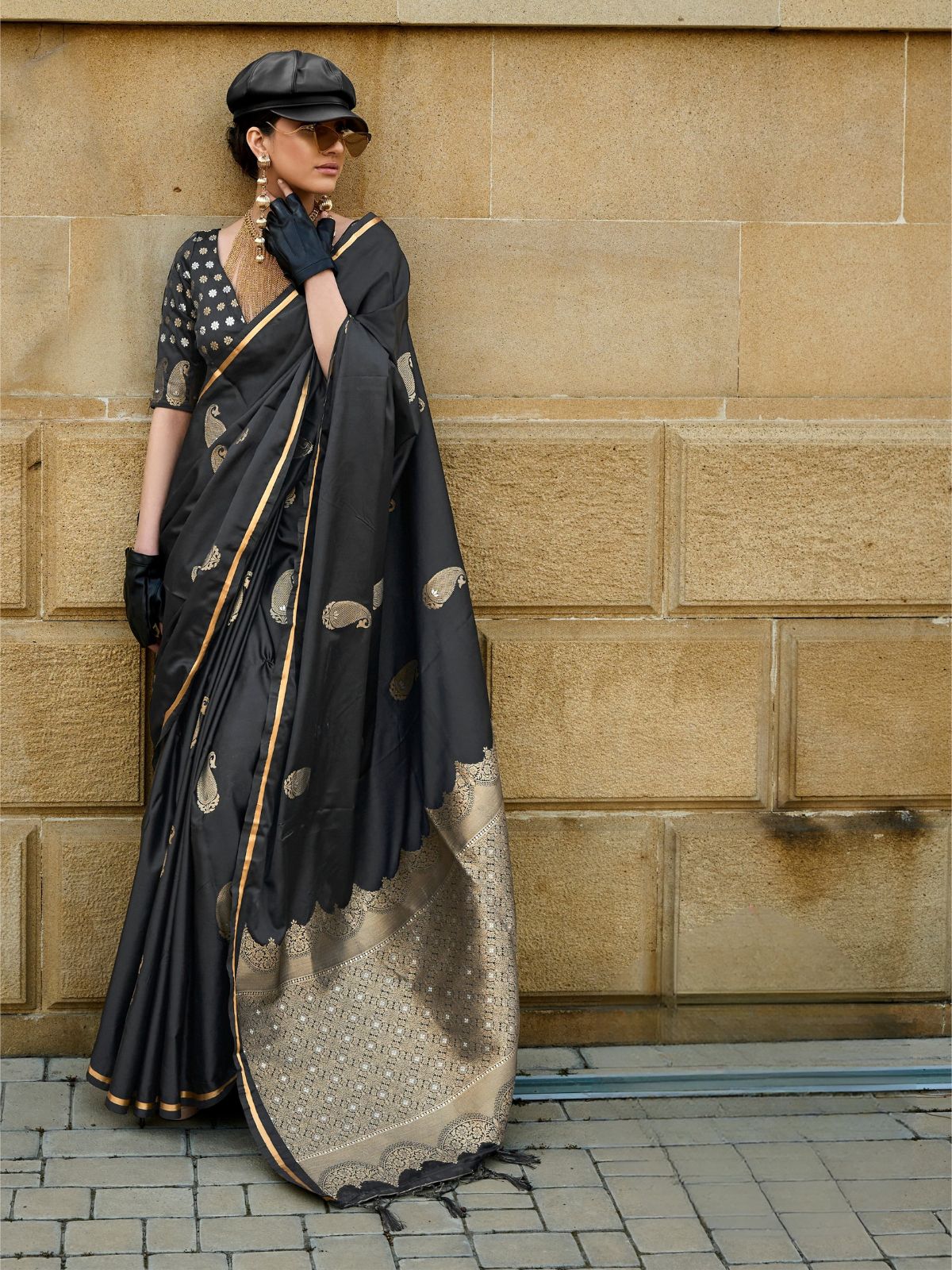 Odette Black Satin Woven Saree With Unstitched Blouse For Women