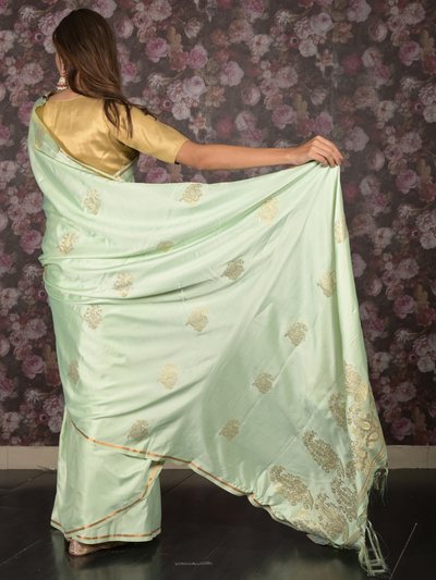 Odette Light Green Woven Silk Blend Saree With Unstitched Blouse For Women