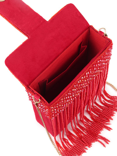 Odette Women Red Beaded Clutch Bag With Tassels