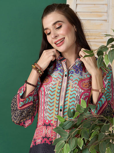 Odette Multi Color Printed Crepe Stitched Short Kurta For Women