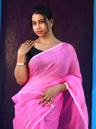 Odette Light Pink Cotton  Saree  With Unstitched Blouse for Women