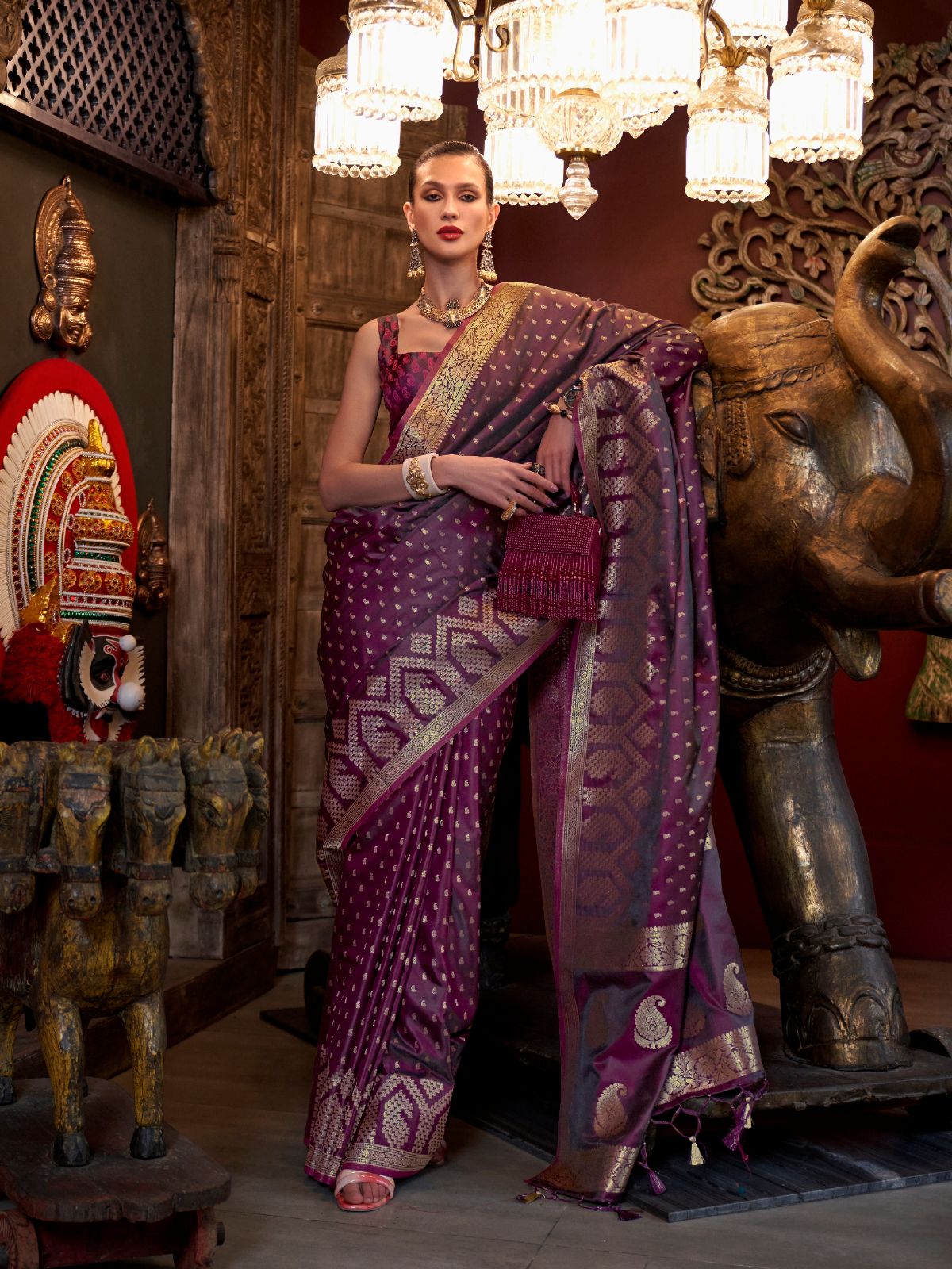 Odette Wine Satin Woven Saree With Unstitched Blouse For Women