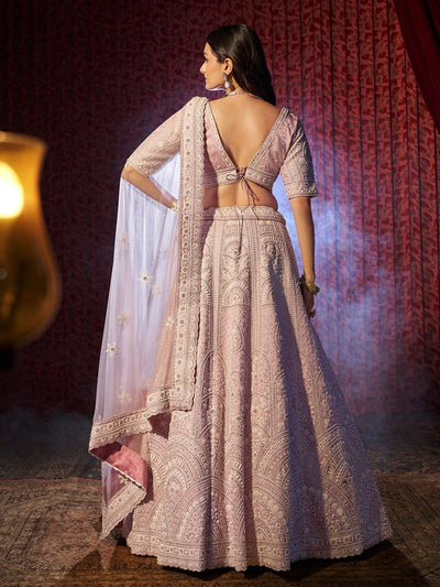 Odette Pink Silk Blend Embroidered Semi-Stitched Lehenga For Women