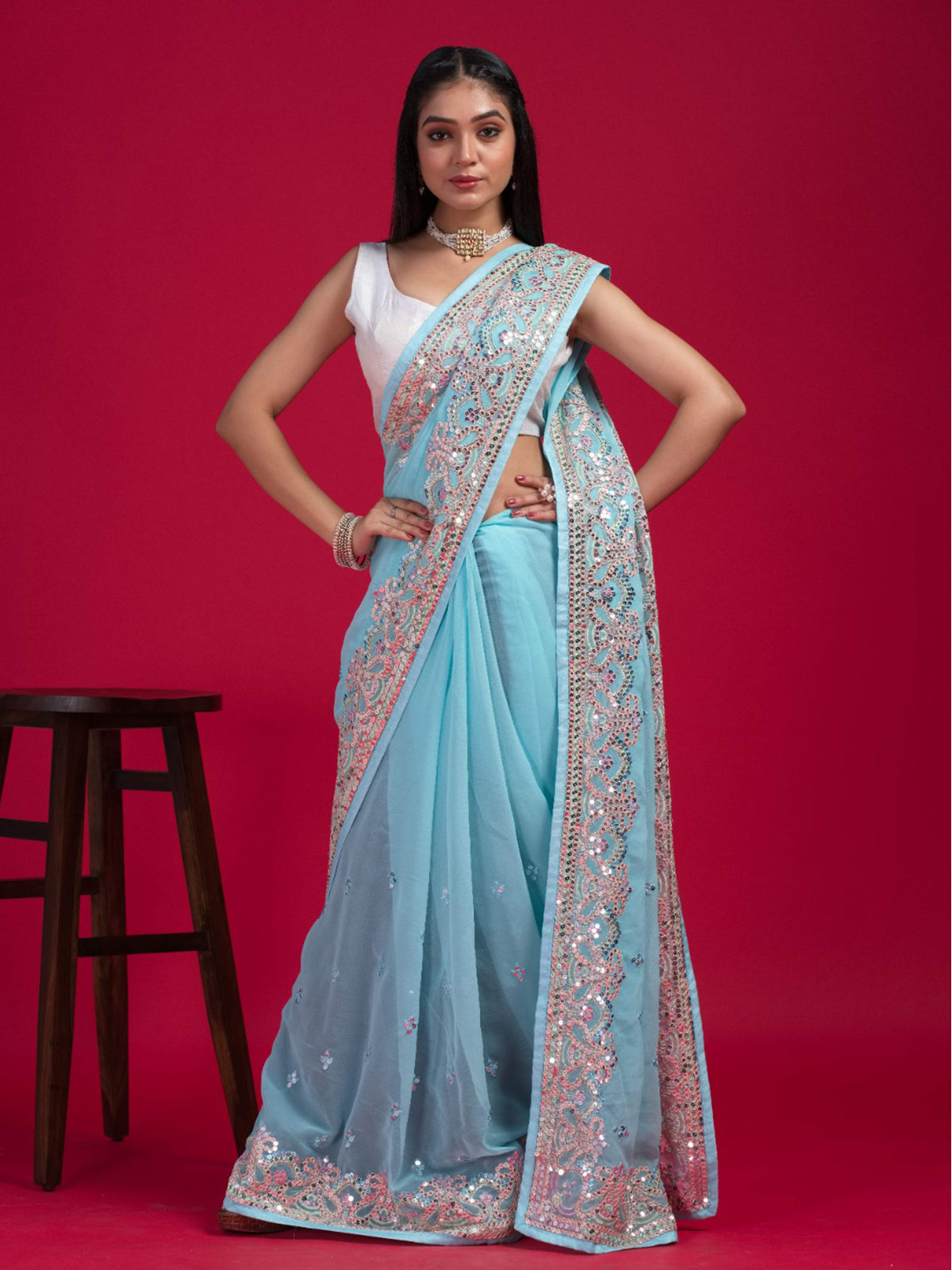 Odette - Blue Georgette Embroidered Saree with Unstitched Blouse