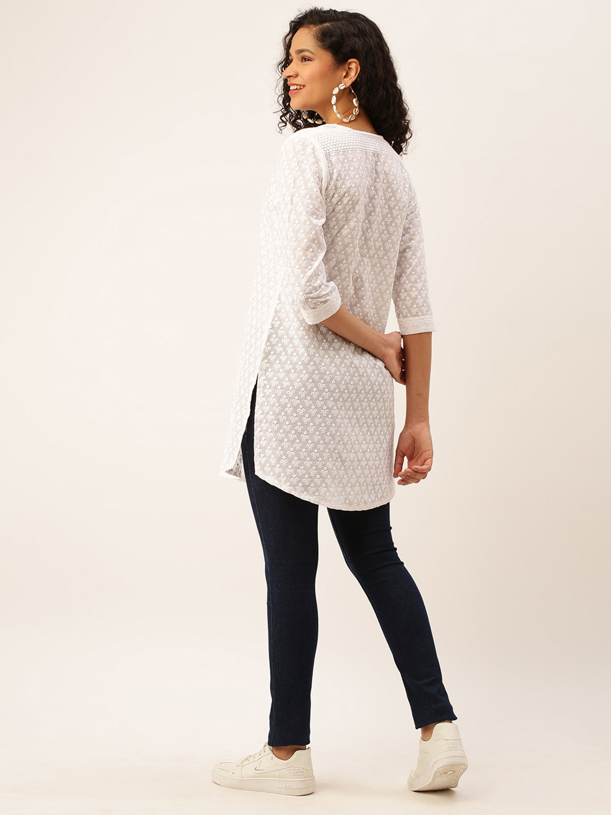 Odette White Embrodered Cotton Stitched Short Kurta For Women