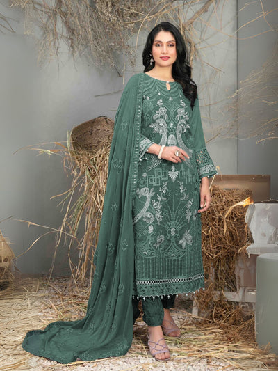 Odette Green Georgette Embroidered Semi-Stitched Kurta Set For Women