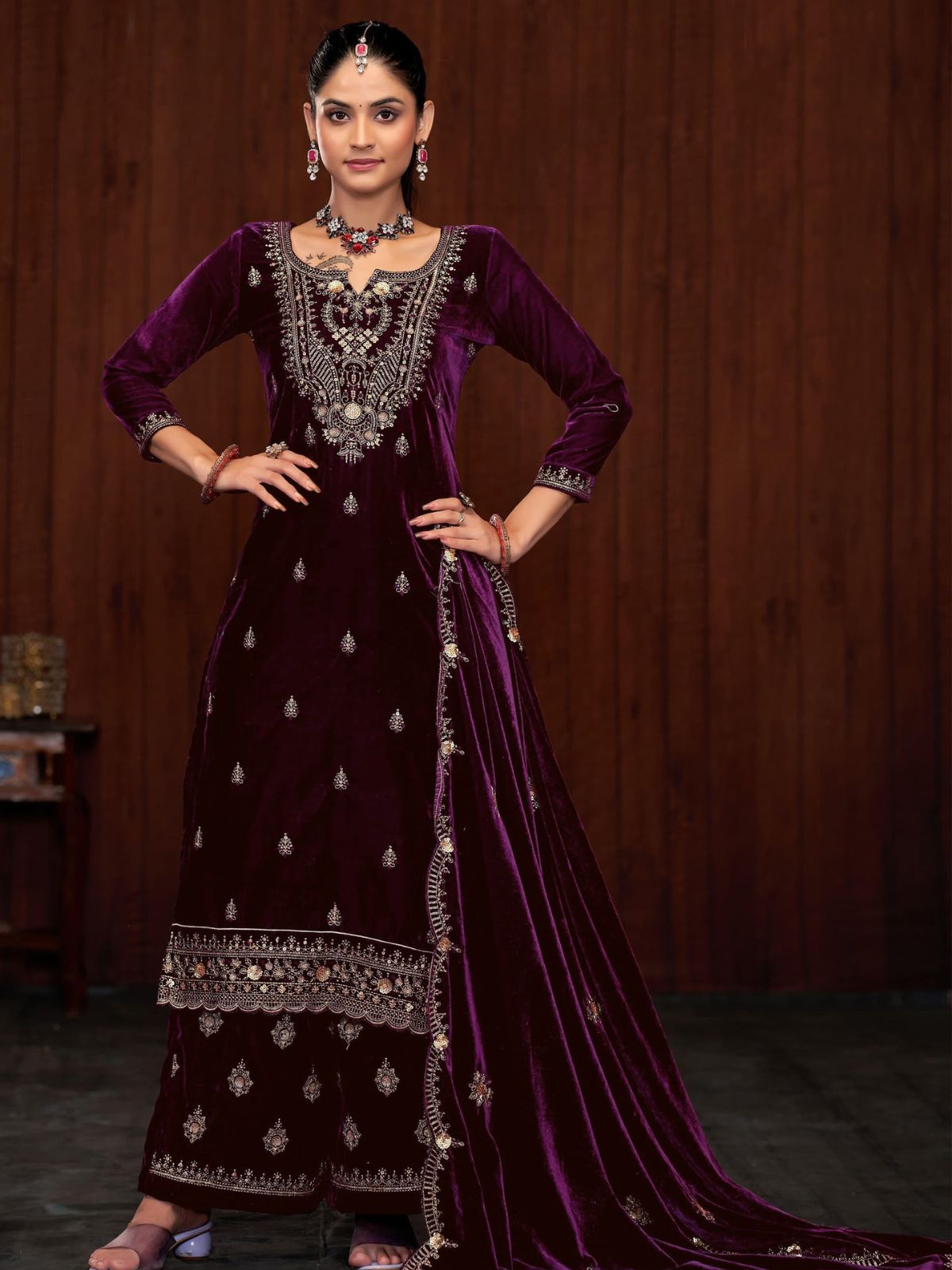 Odette Purple Velvet Embroidered Semi-Stitched Kurta Set For Women