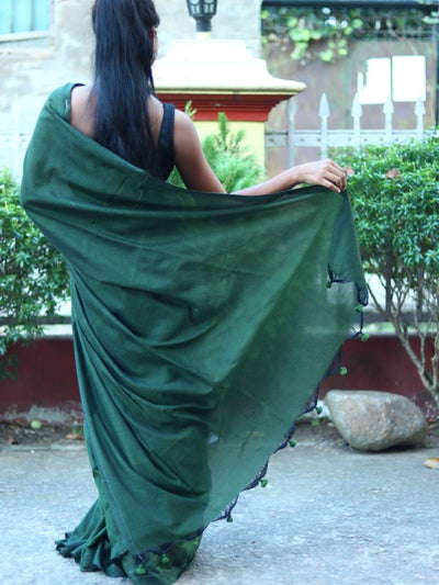 Odette Dark Green Cotton  Saree  With Unstitched Blouse for Women