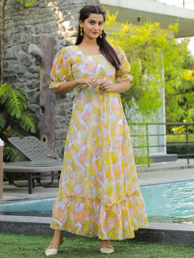 Odette Yellow Georgette Stitched Printed Indo Western Dress For Women