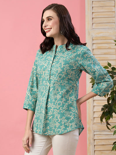 Odette Teal Printed Cotton Stitched Short Kurta For Women