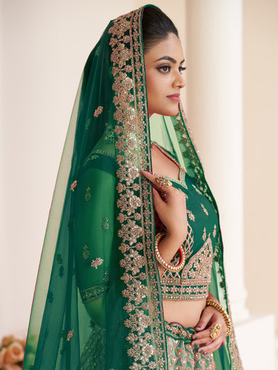 Odette Green Net Embellished Semi Stitched Lehenga With Unstitched Blouse for Women