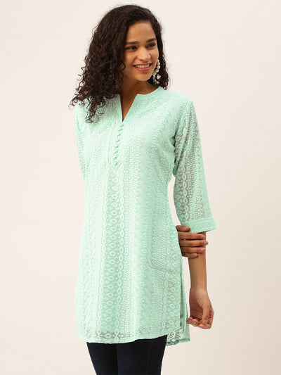 Odette Sea Green Embroidered Georgette Stitched Short Kurta For Women