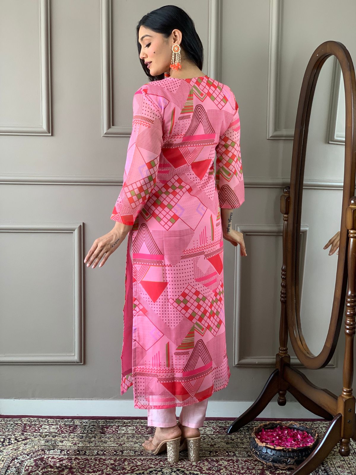 Odette Pink Viscose Printed Stitched Kurta Set For Women