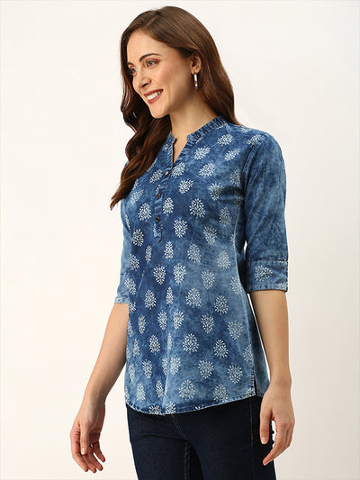 Odette Blue Printed Denim Stitched Short Kurta For Women