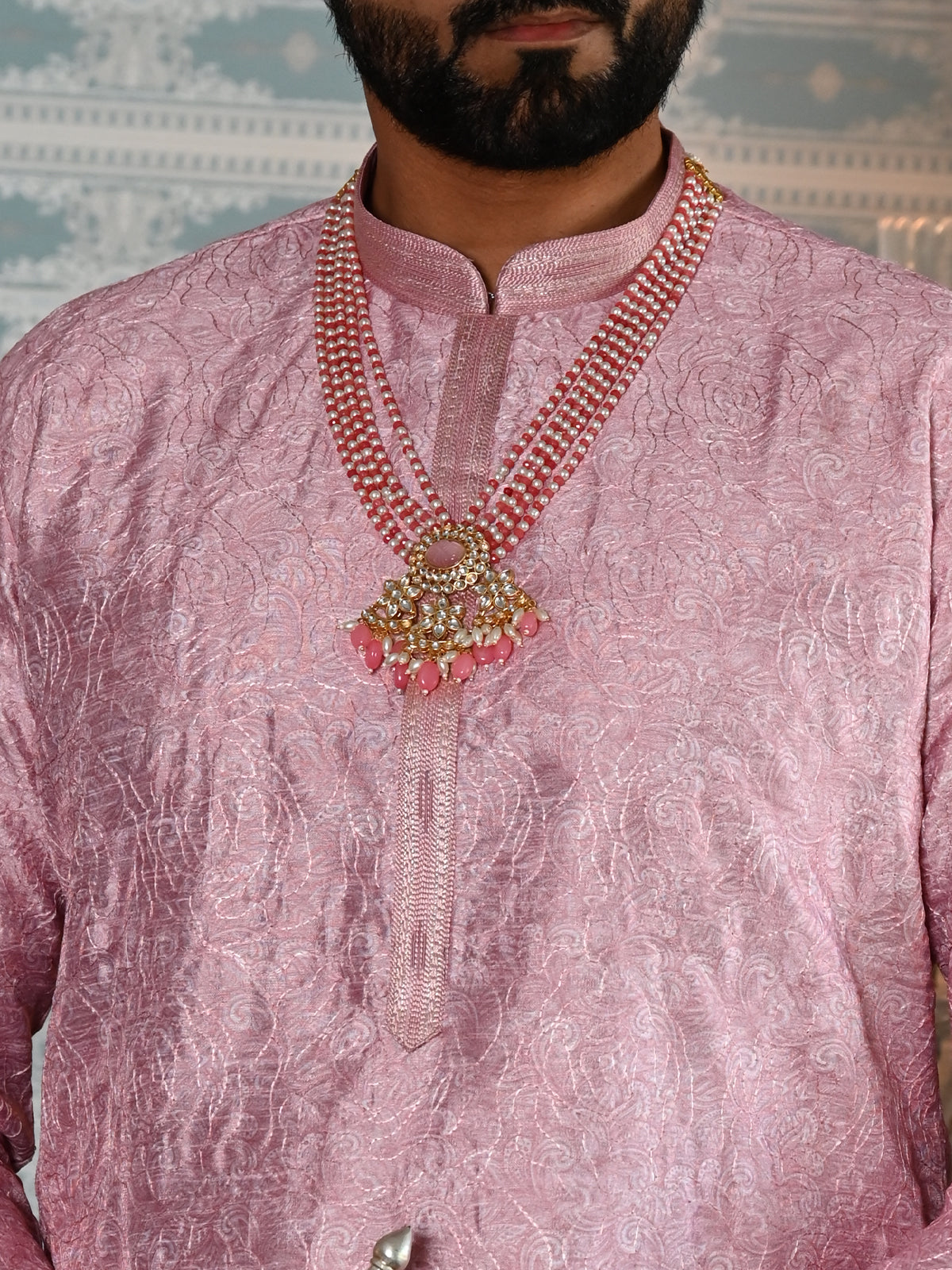 Odette Pink Printed Embroidered Cotton Kurta Set For Men