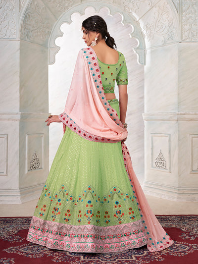 Odette Green Georgette Embroidered Semi Stitched Lehenga With Unstitched Blouse for Women