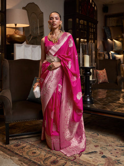 Odette Pink Georgette Woven Saree With Unstitched Blouse for Women