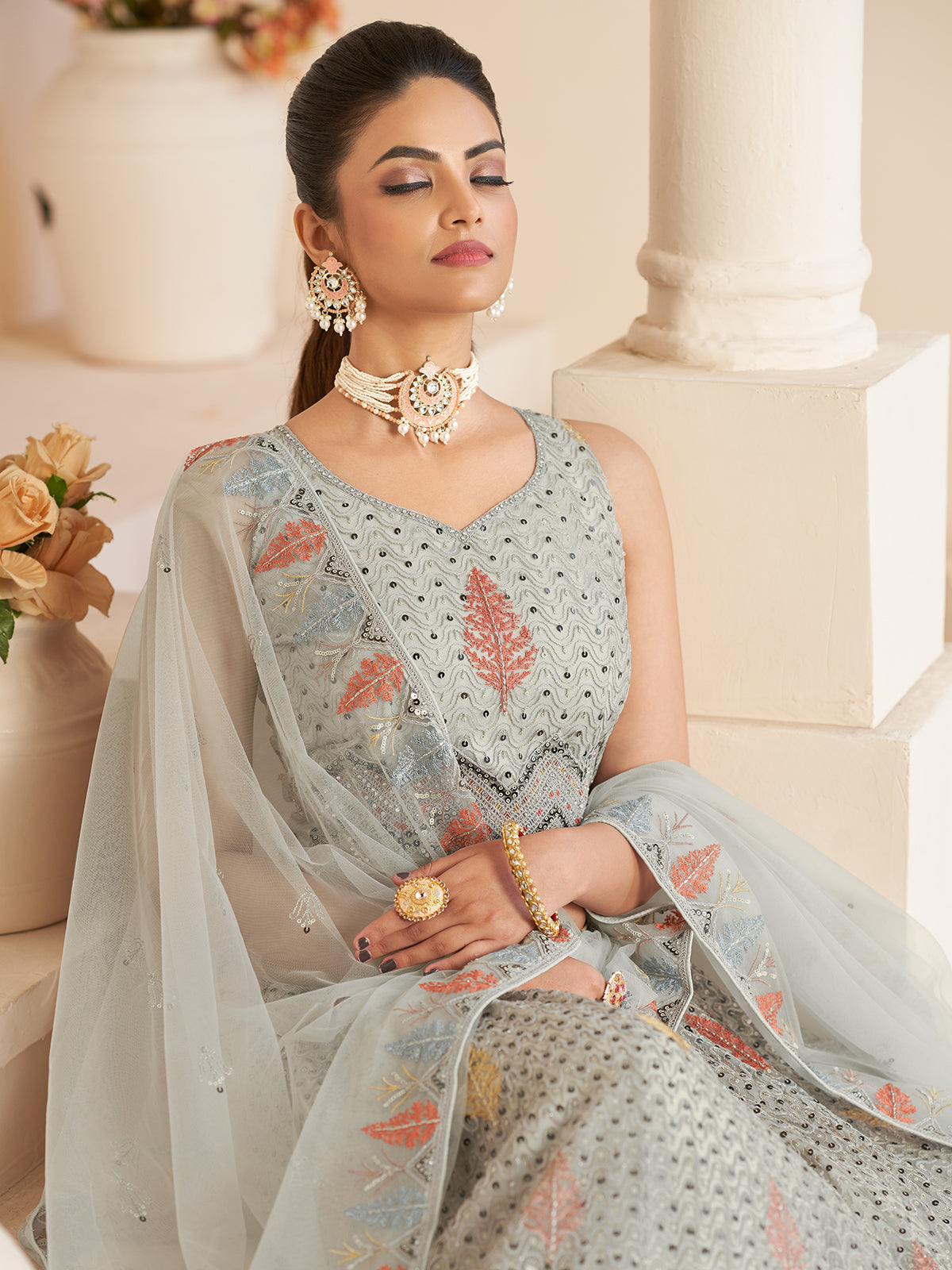 Odette Grey Georgette Embroidered Semi Stitched Lehenga With Unstitched Blouse for Women