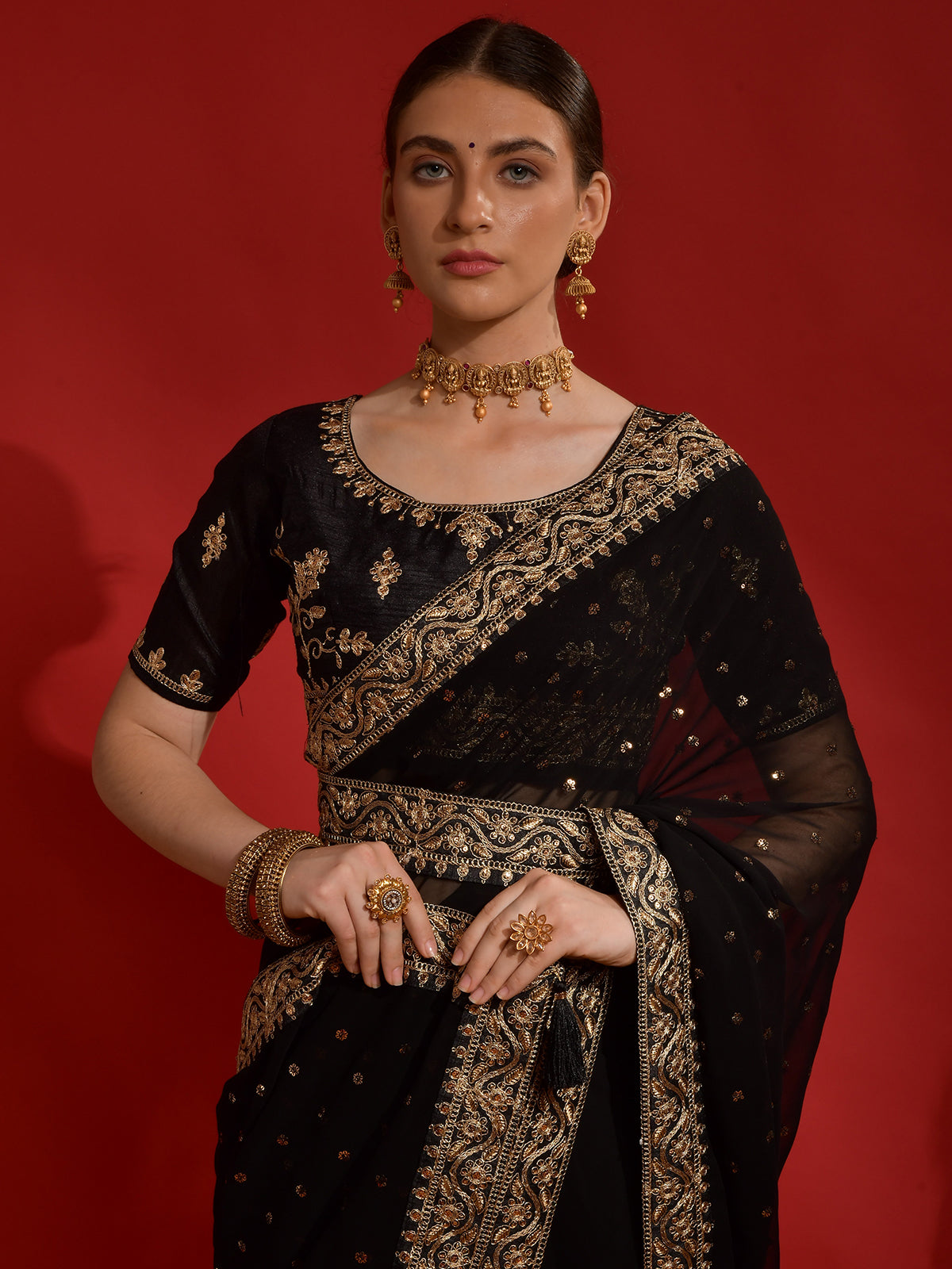 Odette Black Embroidered Georgette Saree With Unstitched Blouse For Women