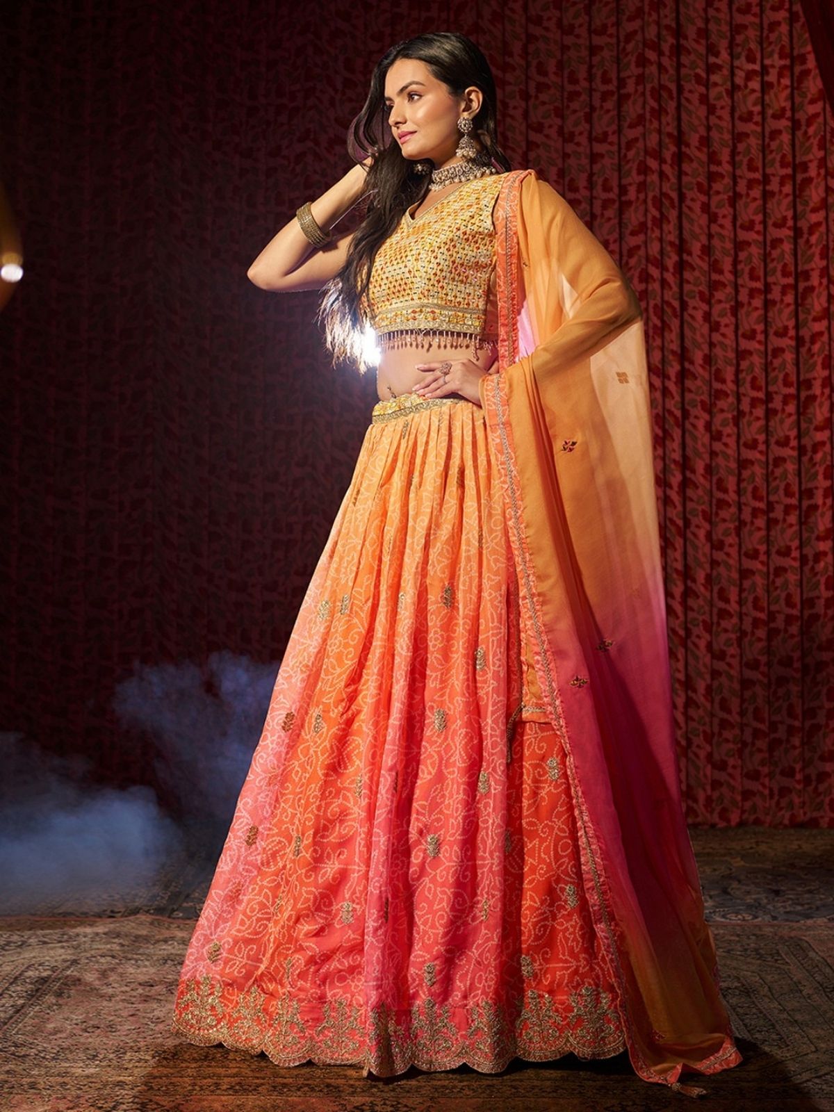 Odette Orange Organza Embroidered Semi-Stitched Lehenga For Women